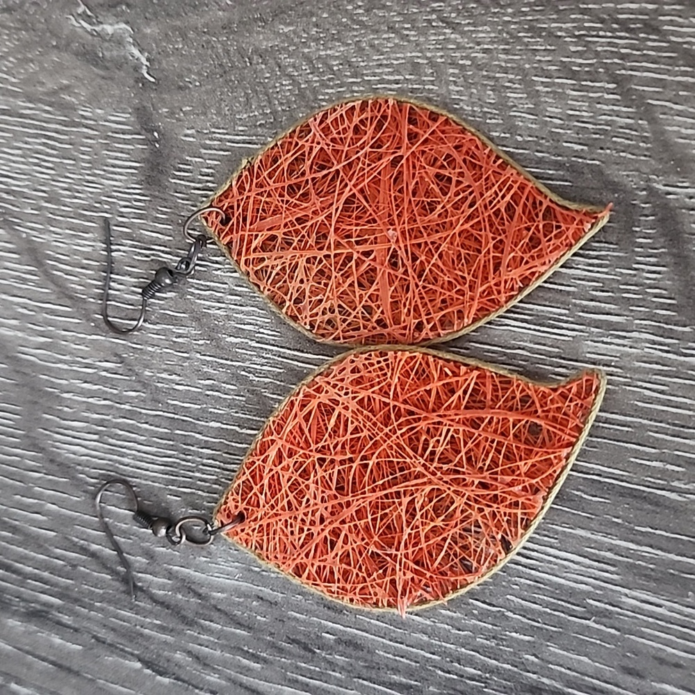 Earthy Dried Reed Wrapped Boho Leaf Shaped Dangle Earrings Orange Red